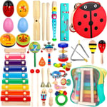 Instruments de Musique pour Enfants,34PCS Ensemble de Jouets Musicaux Bois,Instrument Percussion Enfant avec Xylophone et Sac de Transport pour Cadeau de Noël pour Un Anniversaire pour 1+ Ans.[G1120]