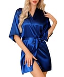 Lovasy Peignoir Satin Femme Mariage Peignoir en Soie Court Kimono Bride Femme Sexy Léger Col V avec Ceinture Robe de Demoiselle d'Honneur Robe de Chambre Bleu foncé XL