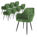 Lot de 8 chaises de salle à manger fauteuil sauge en velours pieds métalliques