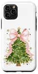 Coque pour iPhone 11 Pro Coquette rose avec nœud en ruban et sapin de Noël vert pour fille