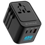 decqle Adaptateur Prise Universelle, Adaptateur Voyage International avec 2 Ports USB-C(GaN 65W) ＆ 1 USB-A, Concerner France vers USA, UK, EU, AU ＆ 224+ Pays (Noir)