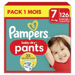 Pampers Baby-Dry Pants, Taille 7, 126 Couches-Culottes, 17kg+, Maintien 360° Contre Les Fuites Avec Une Poche Stop & Protect Pour Une Nuit Jusqu'à 100% Sans Fuites, Pack 1 Mois