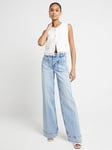 River Island High Waisted Flared Wide Leg Jeans - Blue, Blue, Size 18, Inside Leg Short, Women