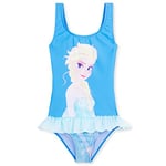 Disney Girls One Piece Swimming Costume, Comfortable Stretchy Swimsuit - Girls Gifts (Blue Elsa, 3-4 Years)