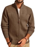 PJ PAUL JONES Cardigan d'hiver côtelé à col montant pour homme avec fermeture éclair intégrale, marron, XXL