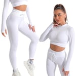 K-MART Gym sets for women 2 piece zip up jacket Workout outfits, Cropped Top, Long Sleeve, Leggings Set for Running, Yoga, Gym, Sports Activity (White, L)