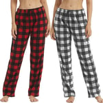 YUSHOW Lot de 2 Bas de Pyjama Femme à Carreaux en Polaire Hiver Souple Pantalon de Pyjama Confortable Lounge Décontracté,Carreaux Rouges + Carreaux Gris (Lot de 2) S