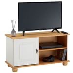 Meuble TV BELFORT banc télé de 94 cm en bois avec 1 porte et 2 niches, en pin massif lasuré blanc et brun