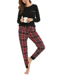 Vlazom Femme Ensembles de Pyjama Doux Pyjama Manche Longue Femme Col Rond Confortable Pantalon à Carreaux de Ensemble d'intérieur 2 Pièces pour Noël Automne Hiver,S,A-Noir