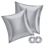 Taie Oreiller Satin 60x60 Lot de 2 & 2 Satin Chouchous Gris,Similaire Aux Taie d Oreiller en Soie,Certifié Oeko-Tex Taies d'oreillers en Satin pour Cheveux,Housse de Coussin 60x60