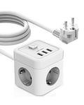 JSVER Multiprise Cube avec USB, Bloc Multiprise 3 Prises avec 3 Ports USB Chargeur (3680W 16A) Prise Multiple avec Interrupteur Cable 3m pour la Maison, Le Bureau-Blanc