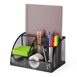 Organisateur de bureau et porte-stylos avec tiroir et 6 compartiments en maille métallique noire. Organisateur de bureau économiseur d'espace pour crayons, notes adhésives, trombones et agrafeuses