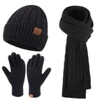 Femme Hiver Bonnet Chapeau Écharpe Écran Tactile Gants Ensemble Chaud Tricot Polaire Doublé Casquette Foulard Gant Cadeaux de Noël Anniversaire pour Femmes