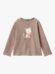 Benetton Long Sleeve Textured Tulle Cat Cotton T-Shirt