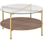 Beliani - Table Basse Moderne Plateau Rond en Verre Trempé et Étagère Bois Foncé et Cadre Métallique Doré Lovell