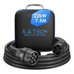 iLa Tech Câble de Recharge Voiture Electrique 22kW, Câble Type 2 32A/ 7,5 Mètres/Triphasé avec Sac de Rangement, Type 2 vers Type 2, Câble T2 Compatible avec Model 3/S/X/Y i3 ID.3 ID.4 E-Tron