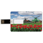 8G USB Flash Drives Credit Card Shape Windmill Decor Memory Stick Bank Card Style Traditional Dutch Windmills with Red Tulips in Amsterdam Scenic Field River Decorative,Multicolor Waterproof Pen Thum