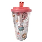 Pusheen the Cat Sips Double Walled Cup with Lid and Straw Kawaii Pink Glitter