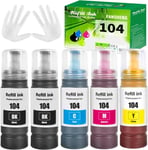 104 Encre Compatible avec Epson 104 Bouteille d'encre Multipack pour ET-2720 ET-2711 ET-2810 ET-2811 ET-2814 ET-2820 ET-2821 ET-2851 ET-2812 ET-4800 ET-1810 ET-2825 (5 Pack 2BK/C/M/Y)