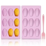 GlasFlength Moule Madeleine Silicone, Lot de 2 Moule a Madeleine 9 Cavités Moule Antiadhésif en Forme de Coquille avec Brosse en Silicone pour Biscuits Chocolat Bonbons Pudding Gâteau (Violet)