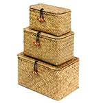 FEILANDUO Shelf Baskets with Lid Set of 3 Handwoven Seagrass Storage Box Wicker Basket Desktop Makeup Organizer Multipurpose Container (Original (S/M/L)