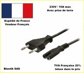 CABLE d'alimentation Cordon Secteur Bipolaire 1,8 m 2 pôles CEE7/16 / IEC C7 PC