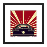 Into the Sunset Retro Man Cave Racing Car Illustration Red Black Square Wooden Framed Wall Art Print Picture 8X8 Inch