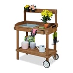 Relaxdays Table pour Plante avec roulettes, bac et tiroir, pour Le Jardin, Bois, Plastique, HLP: 120 x 97 x 49 cm, Brun