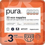 Pura Baby Nappies Size 3 (Midi 4-9kg / 9-20 lbs) 1 Pack of 33 Nappies, Allergy UK Approved, Made with Organic Cotton, up to 12-hour Leakage Protection