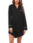 Doaraha Womens Sleep Shirt, Long Sleeve Nightshirt Boyfriend Night Dresses Button Down Ladies' Nightgown Long Tops Blouse Black