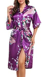 Lovasy Kimono Femme Peignoir Bride Femme Satin Kimono Mariee Sexy Léger Col V Robe de Demoiselle d'honneur Robe de Chambre, Y-Violet foncé, XL