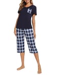 iClosam Pyjama Femme Été en Coton Pyjama Femme Court à Carreaux Pyjama Femme avec T-Shirt Manche Courte et Pantalon Capri Ensemble de Pyjama Femme 2 Pièces S-XXL