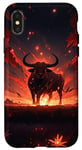 Coque pour iPhone X/XS Bull bison rouge vif coucher de soleil, étoiles de nuit lune fleurs #4
