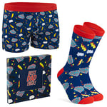 Caleçon Homme Humour, Coffret Boxer et Chaussettes Fantaisie Homme, Caleçon Rigolo, Idée Cadeau Drole Homme Anniversaire Fête des Pères Noël St Valentin (Bleu/Rouge, 2XL)