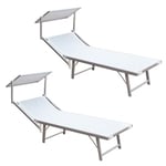 2 unités Chaise Longue en Aluminium avec Parasol LUXURIOUS 180X60X40cm Blanc