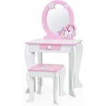 Coiffeuse Enfant Motif Licorne-49X34X89,5CM-Table de Maquillage avec Tabouret/Miroir Detachable,Cadeau Parfait pour Enfants-Blanc - Goplus