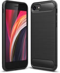 PIXFAB Gel Case For Apple iPhone SE 2020, [Slim Fit] Shockproof Brushed Carbon Fibre [Protective Case] Cover, Gel Rubber Phone Case With [Tempered Glass] For Iphone SE 2nd Generation - Black