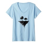 Womens Surreal Floating Island Shirt - Dark Forest and Tree Art V-Neck T-Shirt