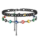 Double Layer Anklets Chain for Woman, Colorful Evil Eyes Ankle Bracelets Stainless Steel Figaro Foot Chain for Young Ladies, Cool Black Anklet Sexy Barefoot Jewelry