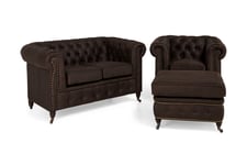 Chesterfield Deluxe Sofagruppe 2-seter+Lenestol+Fotskammel - Mørkebrun Howard sofagruppe Brun