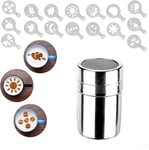 Chocolate Shaker Stainless Steel,Coffee Sprinkles Powder Set,Stainless Steel Mesh Chocolate Shaker Duster,with 16 Coffee Stencils for Syrup,Cream,Cocoa,Cappuccino,for Kitchen,Drinks,Baking (Small)