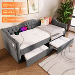 Banquette-lit rembourrée, canapé-lit, lits rangements, cadre de lit avec fonction de chargement usb Type c et 2 tiroirs (sans matelas) en velours