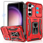 Jshru for Samsung S23 Case with Slide Camera Cover [Camera Protection],Military Grade Shockproof Galaxy S23 Case with Ring Kickstand, Anti-Scratch Armour Phone Cover for Samsung Galaxy S23 5G,Red