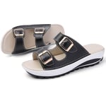 YCKZZR Beach Ladies Summer Platform Casual Female Flip Flops Womens Flat Slide Sandals with Arch Support 2 Strap Adjustable Buckle Slip on Slides Shoes Non Slip Rubber Sole,Black,41