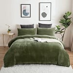 Sedefen Flanelle Housse de Couette 200x200cm + 2 Taies d'oreiller 65x65cm Vert Olive Parure de lit 2 Personnes Peluche Hiver Chaude Duveteuse Ado Linge de lit Avez Fermeture Éclair