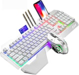 Clavier de jeu sans fil avec sensation mécanique,rétroéclairage RVB,batterie rechargeable de 5000 mAh avec repose-main amovible + souris de jeu LED 7 couleurs pour écrivain/joueur(blanc)(Q1401)