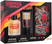 AIR VAL Stranger Things Coffret cadeau avec eau de toilette 100 ml, gel douche 150 ml et trousse de toilette – Parfum masculin puissant inspiré de la série Netflix