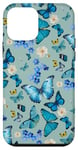 iPhone 12 mini Blue Butterflies on Retro Mint Green with Floral Accents Case