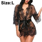 Damkoftåkläder i Spets Kimono Sexig Klänning Breda Ärmar Sexig Lingerie Set Neglige Underkläder Outfit Transparent Cover Up Dressing Gown med Satinband