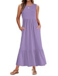 AUSELILY Robe Longue Femme Ete Robe sans Manches Robe de Plage Longue Legere Fluide Maxi Robe Taille Empire avec Poches Pourpre Clair XL